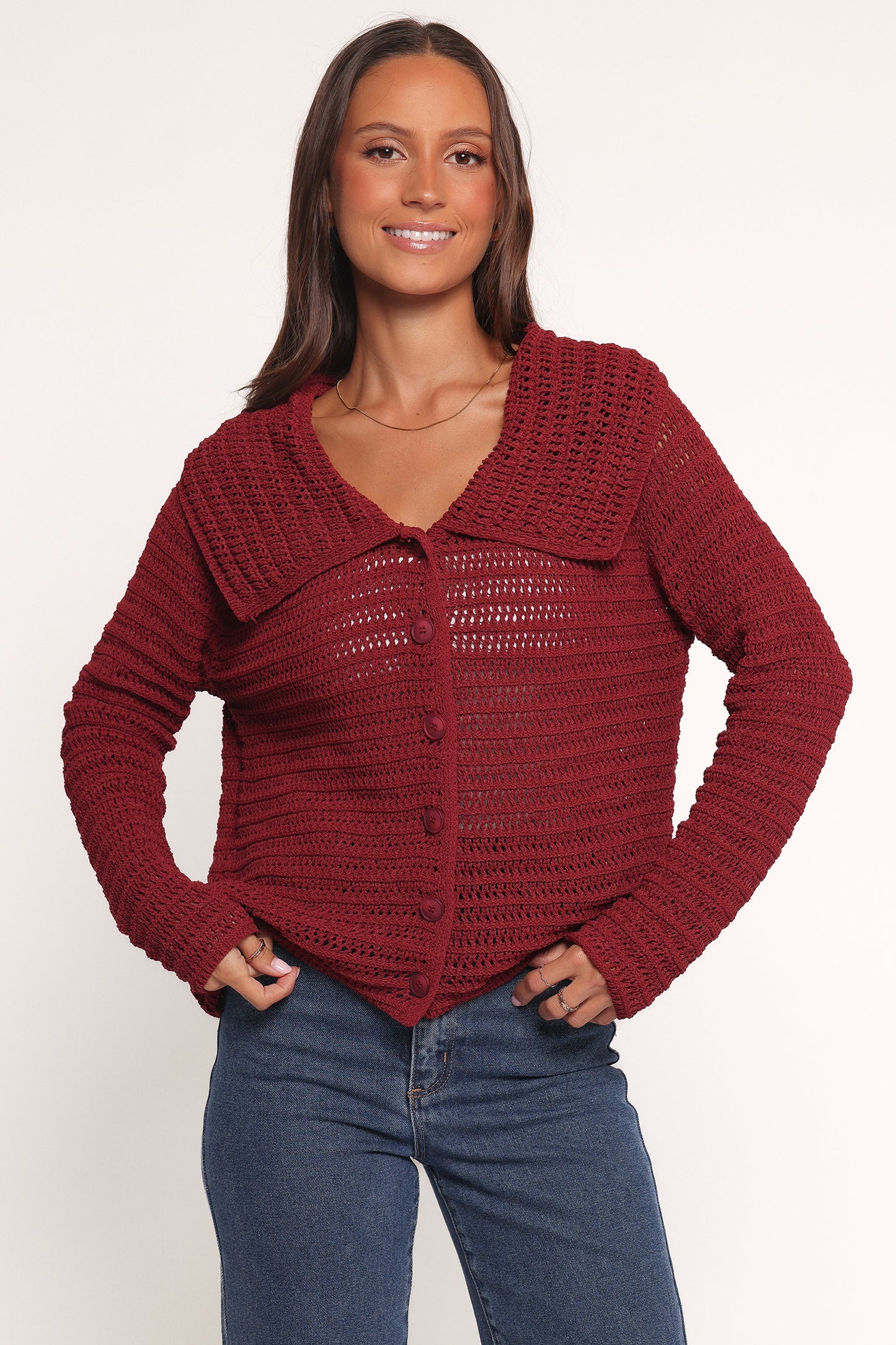 Lyra Large Collar Cardigan - Burgundy
