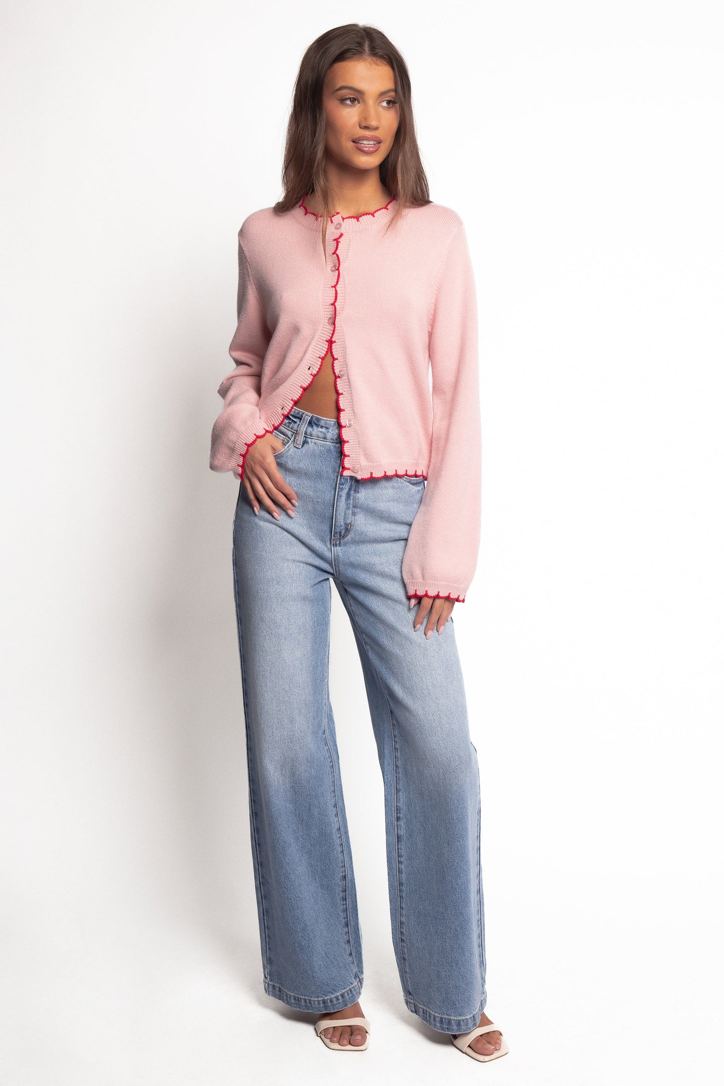 Payton Scallop Cardigan - Pink Red